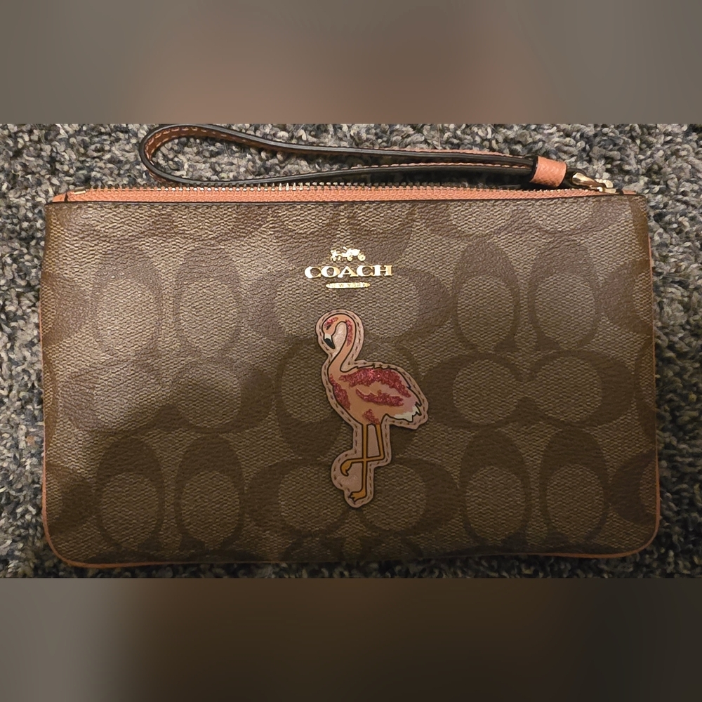 Coach Brown Wristlet with Flamingo Design
